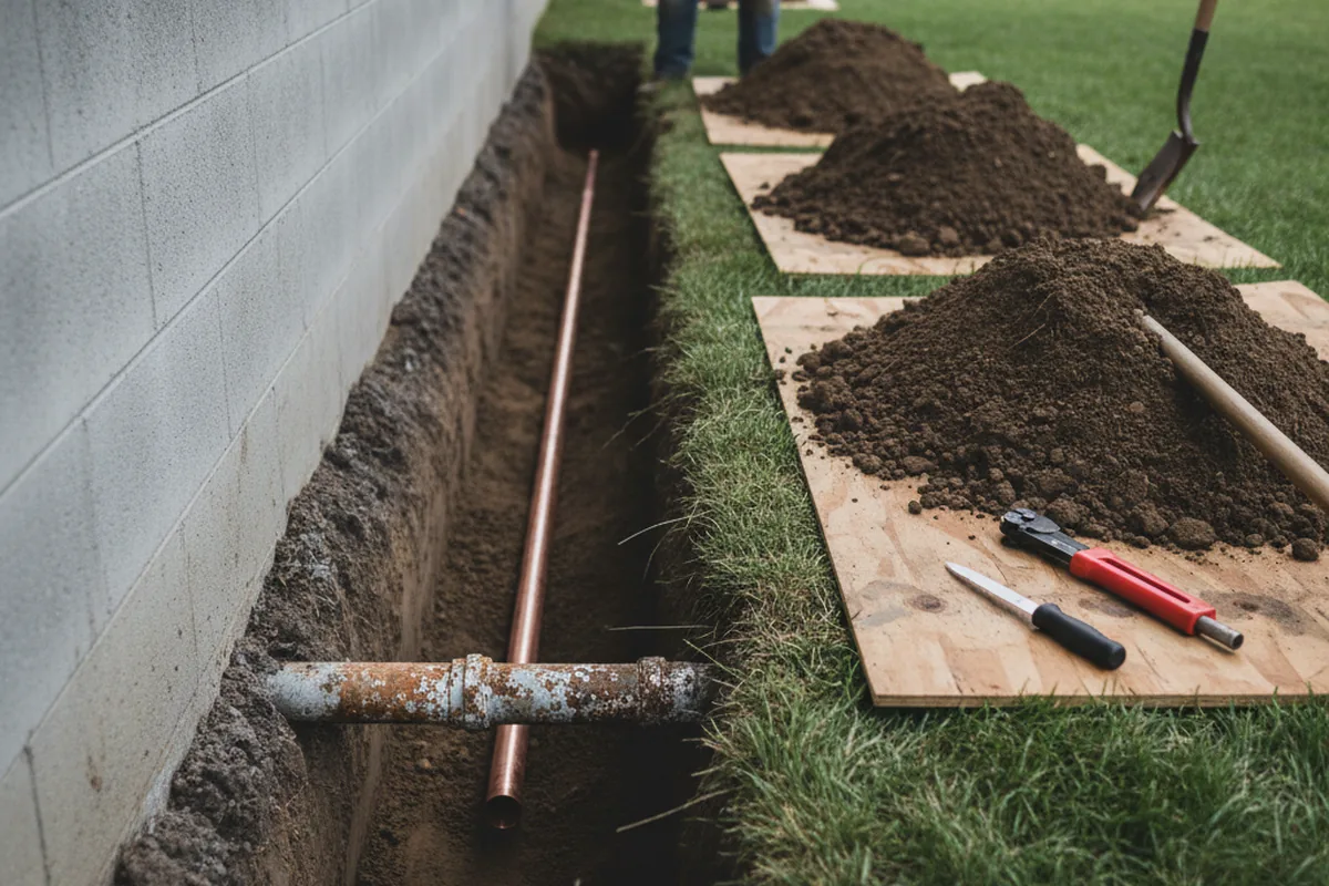 Excavated water line trench during Water Heater Repair in El Paso